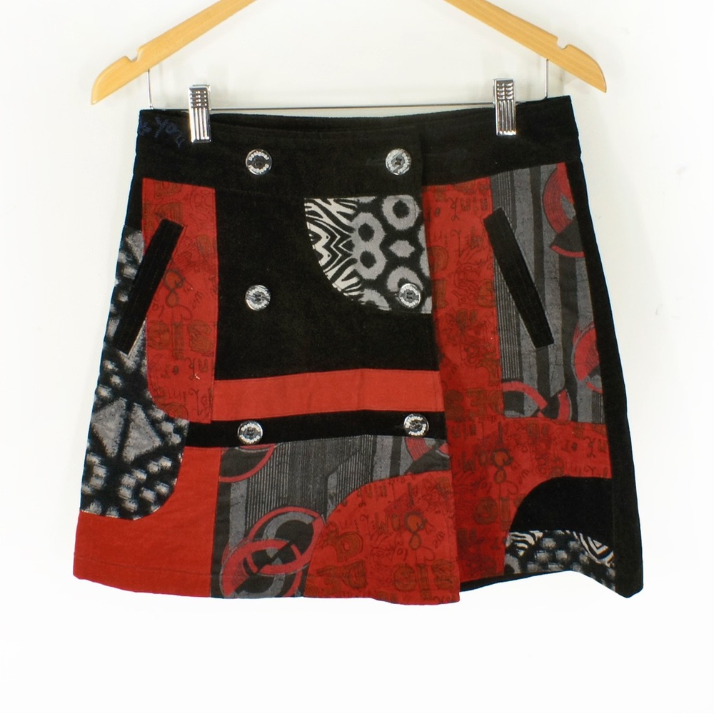 Vintage Desigual Geometric Patchwork Velvet Corduroy Wrap Skirt
